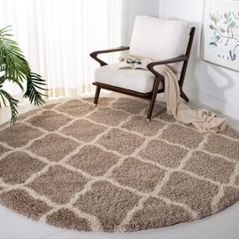 Safavieh Hudson Shag Collection SGH283S Moroccan Trellis 2-inch Thick Area Rug, 3' x 3' Round, Beige / Ivory