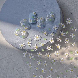 Flower Nail Art Stickers Decals, White Daisy Nail Stickers 5D Embossed Self-Adhesive Nail Art Decals Flower Green Leaves Nail Design Stickers Supplies Spring Summer Nail Accessories for Women Manicure