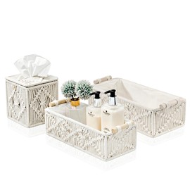 Sorbus Macrame Boho Decor Baskets & Tissue Holder Set - Decorative Woven Baskets for Bathroom Shelves - Lined Storage Set for Organizing Toilet Tank Top - Store Washcloths, Hand Towels, Skincare