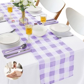 Fabric Checkered Table Runner 1 Pack Waterproof Gingham Table Runner 14W x 108L Buffalo Check Table Runners for Parties Kitchen Dining Wedding Banquet (Lavender and White)