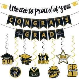 Graduation Congrats Grad Banners Class of 2025, Black and Gold Glitter We are So Proud of You Party Banner with Swirls, Hanging Garland Graduates Grad Party Supplies Decorations