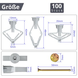 Ronoza Pack of 100 Butterfly Cavity Dowels, Plasterboard Dowels with Screws, Rigypsum Dowels for Plasterboard, Plasterboard Fibreboard, Fixing in Concrete