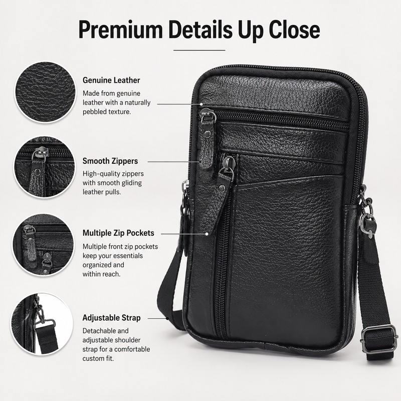 Leather Crossbody Bag for Daily Carry – Compact Multi-Pocket Phone