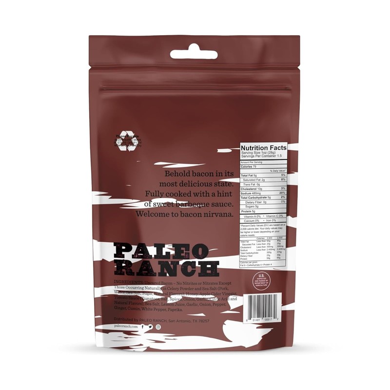 PALEO RANCH Uncured Bacon Jerky, Sweet BBQ, No Added Hormones,
