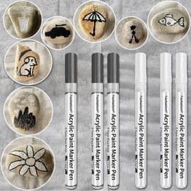 FooAeetom Paint Markers, 6 Pack Fine Point Paint Pens, Acrylic Paint Pens Marker Set for Rocks Painting, Wood, Plastic, Fabric, Canvas, Ceramic, Glass, Card Making(3 White and 3 Black)
