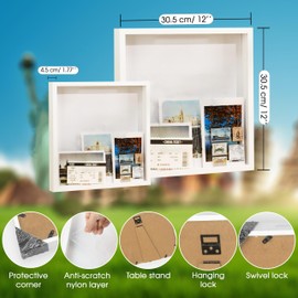 Adventure Archive Box, Travel Shadow Box with Slot, Shadow Box with Slot, Black and White, Store Memories: Money from Different Countries, Photos, Plane Tickets, Movie Tickets (White-NO MAP, 12x12)