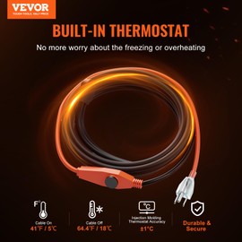 VEVOR Pipe Heating Cable, 9FT 7W/FT Heat Tape for Pipes with Built-in Thermostat, Water Pipe Heat Cable Protects PVC Hose, Metal and Plastic Pipe from Freezing