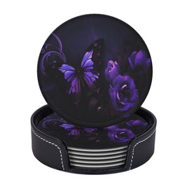 6 Pcs Flower Butterfly Purple Floral Watercolor Butterflies Leather Coasters for Drinks with Holder Coaster Sets Drink Table Cup Coasters for Living Room Kitchen Coffee Decor