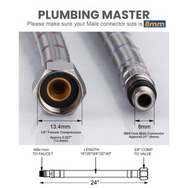 Faucet Supply Lines, WOWOW 24" Bathroom Sink Faucet Hose, Braided Nylon cUPC Supply Lines 3/8" Female Compression Thread × M8 Male Connector,Stainless Steel Braided Supply Line(1 Pair)