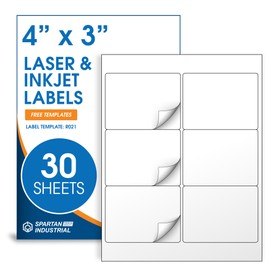 Spartan Industrial Printable Laser and Inkjet Labels - 4" X 1" White Printable Labels - 30 Sheets, 600 Total Labels for School Supplies, Storage Bins, Mailing Address Labels (30, 4" X 3")