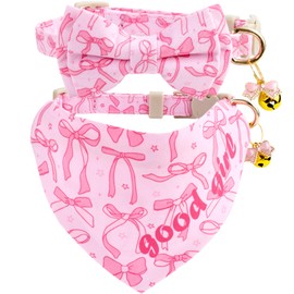 Faygarsle 2 Pack Pink Bow Pattern Cat Collar Set with Bandana and Bowtie, Breakaway Safety Collar with Bell Spring Summer Design for Girl Cats