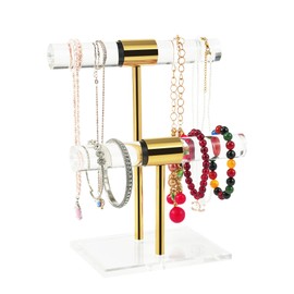 SHUNKAIZS Necklace Holder Organizer, Acrylic Bracelet Holder, 2 Tier T-Bar Jewelry Display Stand, Stainless Rod Tangle-free Countertop Jewelry Rack for Vendors Retail Store Home, Gfit for Women