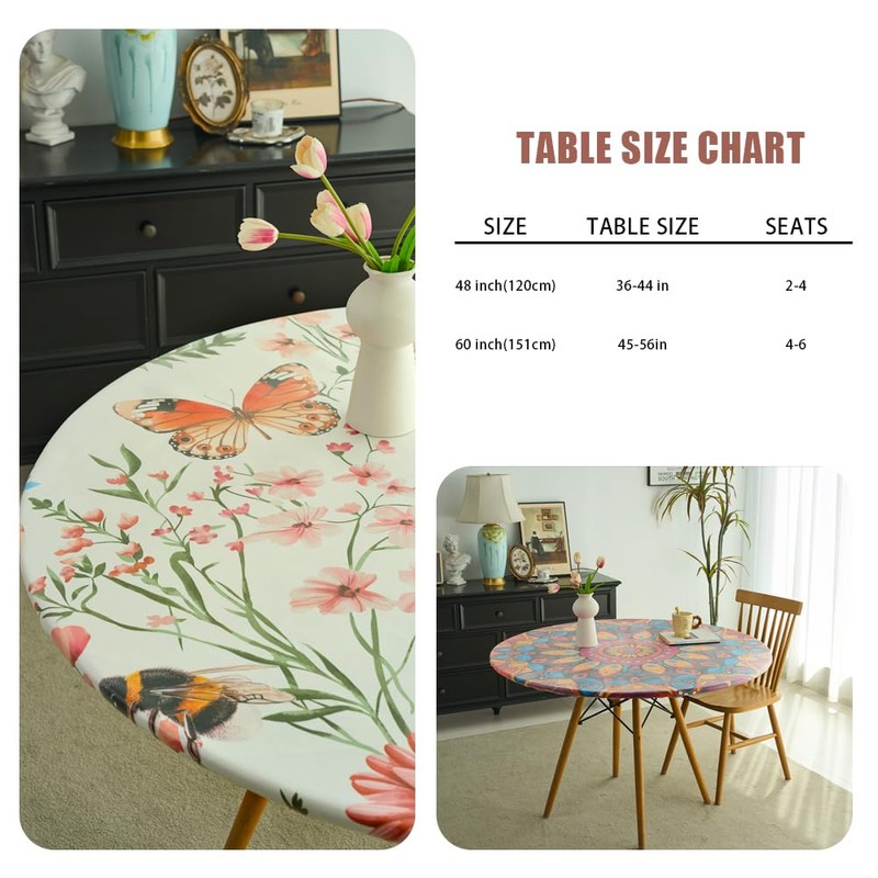 IBEQUEM Mandala Round Fitted Tablecloth with Elastic Edged, Ethnic Mandala