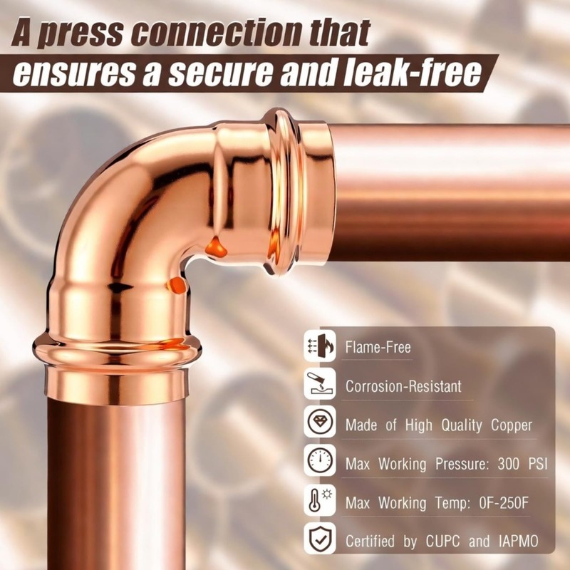 Therwen 5 Pcs 1 Inch Copper Pipe Press Fittings, 90