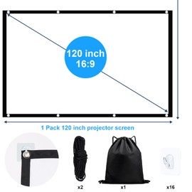 JASFLY Screen Projector 120 Inch 16:9 HD High Resolution Projector Screen, 4K Foldable Portable Projector Screen, 265 x 150 cm Projector Screens with 2 x 5 m Rope and 16 Hooks for Camping and Home
