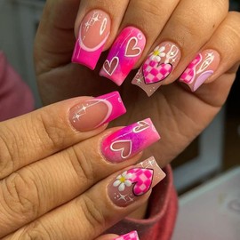 Medium Press on Nails Square Fake Nails Valentine's Day False Nails with Heart Flower Design Glue on Nails Pink French Tip Acrylic Nails Glossy Full Cover Stick on Nails for Women Manicure 24Pcs