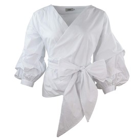 AOMEI White Blouse for Women Casual Spring Summer with Waist Belt Puff Sleeve M