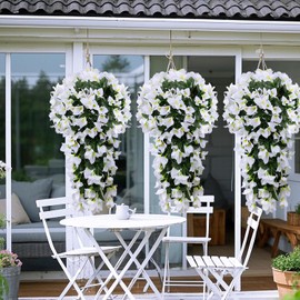 2pcs Outdoor Artificial Faux Bougainvillea Hanging Flowers Plants, Fake White Flowers Plant Silk UV Resistant for Outdoor Outside Summer, Decoration For Front Door Porch Planter Balcony (White)