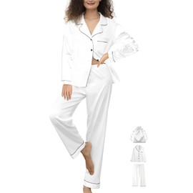 WJing Yi Jia 3Pcs Womens Silk Pajamas Set XS-3XL Satin Pajama Sets Silky Pjs Set Long Sleepwear Pj Sets Loungewear Nightwear White