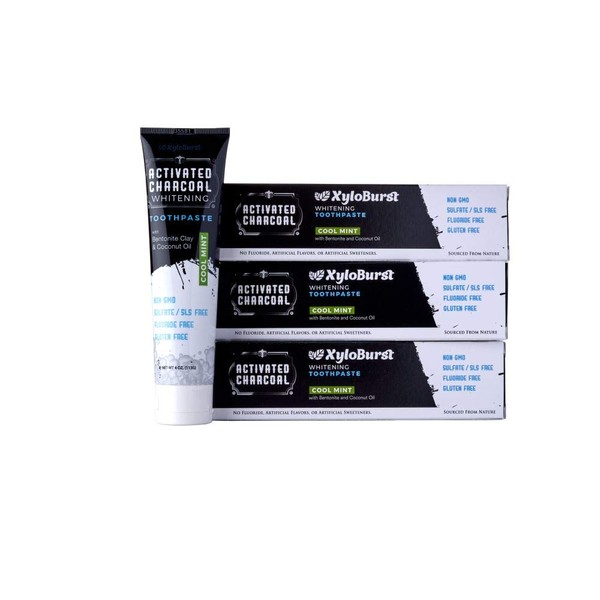 Xyloburst Black Activated Charcoal Natural Whitening Toothpaste with Xylitol - SLS Free, Sulfate Free, Fluoride Free, Vegan, Safe On Enamel, Made in USA, Peppermint (4oz) (3 Tubes)