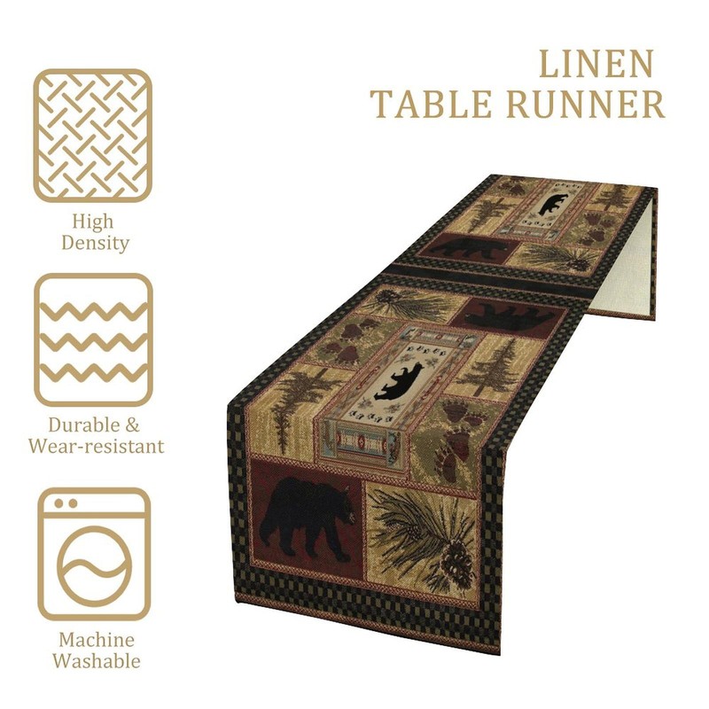 XBDDZSW Rustic Bear Table Runner Retro Pine Cabin Farmhouse Style