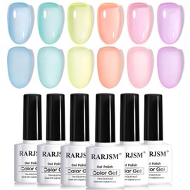RARJSM Pastel Stained Glass Gel Nail Polish Set 6pcs Clear Orange Yellow Blue Pink Purple Crytal Transparent Jelly Series Sheer Amber Gel Varnish LED UV Curing Requires Spring Easter French Manicure