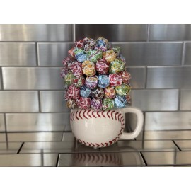 Handmade Candy Bouquet / Basket Baseball Mug With Dum Dum Lollipops & Red Bow