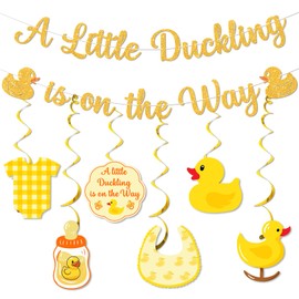 Duck Baby Shower Decorations Glitter A little Duckling Is On The Way Banner Hanging Swirls for Farm Animals Duck Themed Gender Reveal Party Decor
