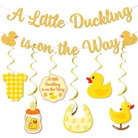 Duck Baby Shower Decorations Glitter A little Duckling Is On The Way Banner Hanging Swirls for Farm Animals Duck Themed Gender Reveal Party Decor