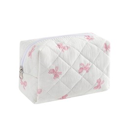 RSRSLEII Small Quilted Cotton Makeup Bag, Cute Floral Cosmetic Bag, Cotton Aesthetic Makeup Pouch, Kawaii Travel Toiletry Bag for Women and Girls (12White Pink Bow)