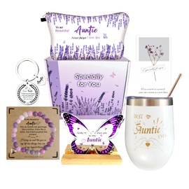 WOSHIDEFA Auntie Gifts - Auntie Birthday Gifts for Women - Aunty Gift Set with Tumbler, Makeup Bag, Butterfly Decor - Mothers Day Gift,Gift for Aunt from Niece Nephew Christmas Purple