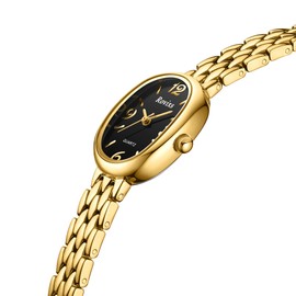 Rovixs Vintage Oval Women’s Watch, Petite Gold Design with Waterproof Case and Adjustable Band, Japanese Quartz Movement (Gold Black)