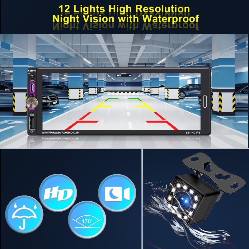 6.9" Single DIN Car Radio with Wireless Apple CarPlay, Car