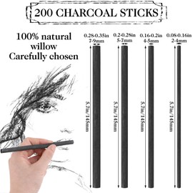 200 Pieces Willow Charcoal Sticks, Willow Charcoal, Soft Black Drawing Charcoal for Sketching and Drawing Art Sketch Artists Supplies, 5.7 Inch in Length (2-4, 4-5, 5-7,7-9 mm) (200)
