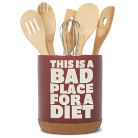 Elanze Designs Funny Diet Healthy Eating Comedic Ceramic Cork Bottom Red Large Capacity Utensil Holder Crock for Countertop Storage, Stylish & Durable for Spoons, Spatulas, and Cooking Tools