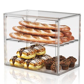 JOYZAN Pastry Display Case, 2 Tier Bread Box for Kitchen Countertop, Acrylic Bread Container with Magnetic Door, Large Bakery Display case for Breads & Muffins 15.3" L x 9.8" W x 11.4" H