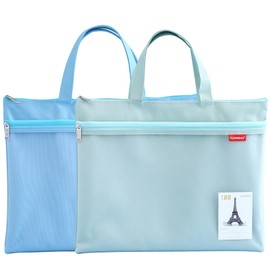 pendancy Mesh Zipper Pouch 11x13.7 in, 2 pcs Large Double Pocket Waterproof File Bag with Handle, A4 Size Foldable Document Storage for Puzzle Project/Cross Stitch/Travel/Office（Blue Green）