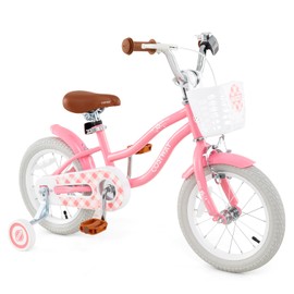 COSTWAY Kids Bike, 14 Inch Toddler Children Bike w/Training Wheels, Hand & Coaster Brakes, Adjustable Saddle & Handlebar, Basket, Bell, Kids Bicycle for Girls Boys Aged 3-8 Years Old, Blush Pink
