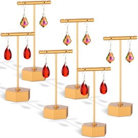6 Pcs Metal Earring T Bar Stand Retail Earring Display Stand Holder with Hexagon Base Tabletop Jewelry Tower Necklace Organizer for Bangles Bracelets, Hexagon Base 6 Pcs Height 4.5" and 5.3"(Gold)