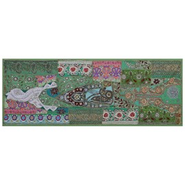 Ethnic Cotton Decorative Table Runner Indian Dinner Patchwork Beads Embroidered Room Handmade Decor Fabric Green 16x60 Inch