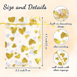 JarThenaAMCS 100pcs Heart Organza Bags with Drawstring Gold Foil Organza Candy Jewelry Gift Bags for Valentine's Day Bridal Shower Wedding Party Favor Supplies, 3.5 x 4.7 in
