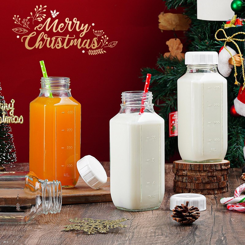 8 Pack 16 Oz Reusable Glass Milk Bottles w 100%