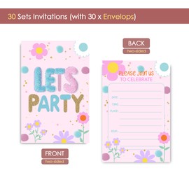 VAVINCI Preppy Patches Birthday Party Invitations for Girls, Let's Party, Pink Party Invites for Girls, 30 Sets with Envelopes