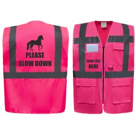 Please Slow Down Horse Equestrian Zipped Pink Hi Vis Safety Vest Horse Riding Reflective Waistcoat Road Safety High Visibility, Can Personalise. (Pink, 2XL)