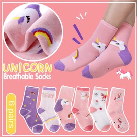 WELSOX Girls Kids Unicorn Socks Cute Fun Crew Fashion Funny Gifts Novelty Stocking Stuffers Soft Cotton Socks 6 Pairs(Unicorn,3-5 Y)