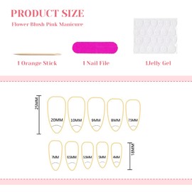 CharmBurst 24 Stück Rosa Press On Nails, Almond-Form Falsche Nägel, Künstliche Nägel zum Aufkleben, Französische Presstechnik-Nägel 3D Blumen und Goldene Verzweigungen