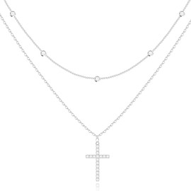 Poxtex Sterling Silver Cross Necklaces for Women Dainty Silver Necklace CZ Layering Necklaces Jewelry Cubic Zirconia Cross Pendant Necklace
