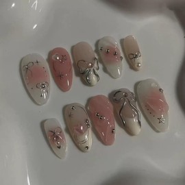 Almond Press on Nails Medium Fake Nails Ombre Pink False Nails with Silver Bow Design Stick on Nails French Tip Acrylic Nails Full Cover Glossy Glue on Nails for Women 24Pcs