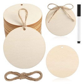 30Pcs 3.94 Inch Unfinished Wooden Circles with Holes, Round Wooden Discs Slices for Crafts for Crafts, Door Hanger, Gift Tags, Painting, Christmas Home Party Hanging Decoration, Comes with twine