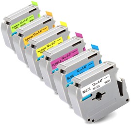 Labelwell 6-Pack Fluorescent Color Label Tape Replacement for Brother M 12mm 0.47 Tape Refills for P Touch PT-45 PT-65 PT-70 PT-80 PT-M95, Black on White/Blue/Purple+Fluorescent Yellow/Orange/Green